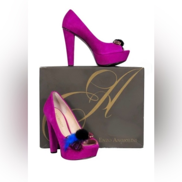 Enzo Angiolini Real Dark Pink Suede & Mink Fur heels. One of a kind Vintage - Picture 2 of 8